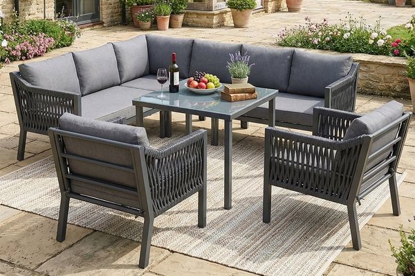 KLAM HOME Garten-Essgruppe Gartenmöbel-Set 8 Personen Grau mit Ecksofa & Glastisch, (Garten-Essgruppe Eckstellung, Verzinktes Eisen & Handgewebtes Seil), Outdoor Lounge Set mit Esstisch, 2 Sesseln und Ecksofa
