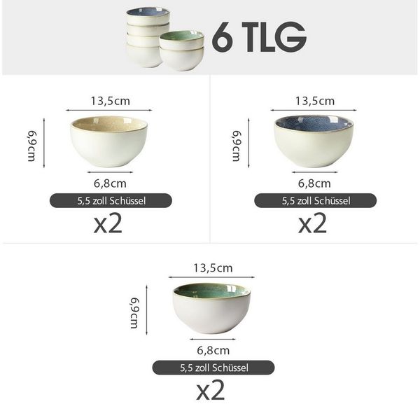 JIWOO Salatschüssel 4er Ø13.5cm, Müslischüssel Suppenschüssel Dessertschale Obstschale, Keramik, (Schüsselset, 6-tlg), Hochwertiges Schüsseln Bunt Mikrowellen und spülmaschinenfest Ø13,5cm