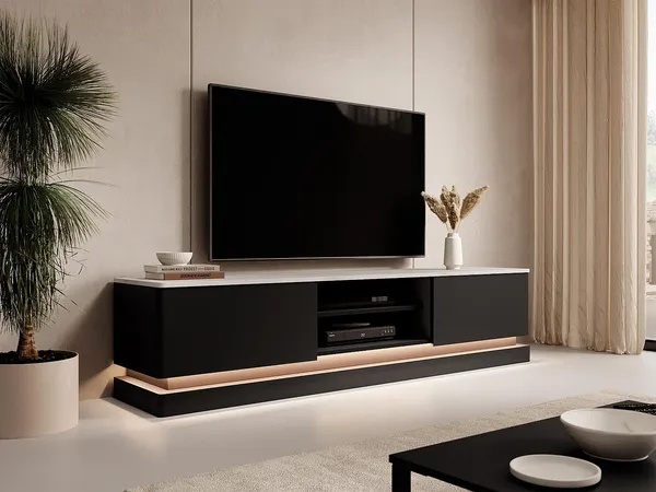 Vente-unique - DEVIKA TV unit Holz, Platte SchwarzWeiß - B 40 cm x H 44 cm x L 190 cm
