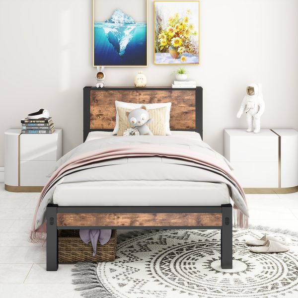 Einzelbett MDF mit Stauraum, 90x200 cm, Metallgestell, Antikbraun/Schwarz, ohne Matratze