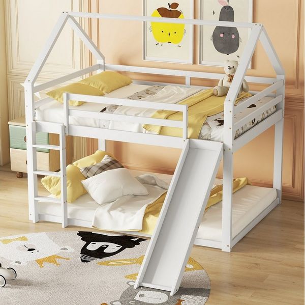 TavilaEcon Etagenbett Kinderbett, Hausbett mit Rutsche und Leiter in kreativem Design, aus Kiefernholz und MDF, mit durchgehenden Absturzsicherungen