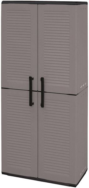 Dmora Akina-Außengarderobe, Balkonmöbel, Mehrzweckgarderobe mit Regalen, 100 % Made in Italy, 68 x 37 x 163 cm, Grau und Schwarz, gestreifte Oberfläche