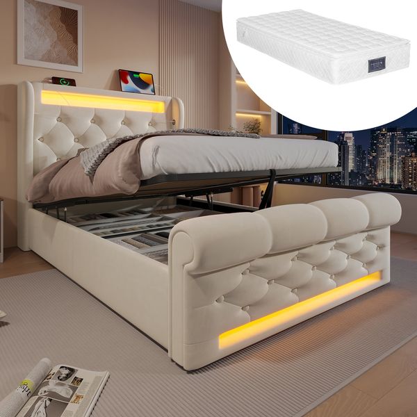 Polsterbett 90x200 mit LED-Beleuchtung, Stauraum, Samtbezug, USB & Type-C Ladestation, hydraulischem Bettkasten,mit Matratze