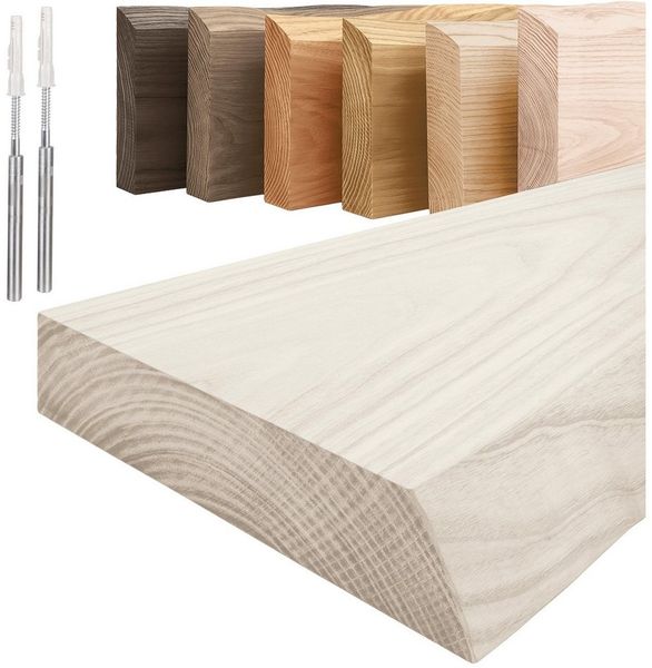 LAMO Manufaktur Wandregal Holz Baumkante Regal Farbe: Weiss Invisible: Schweberegal 40 cm, Komplett-Set, 40mm stake Massivholzplatte