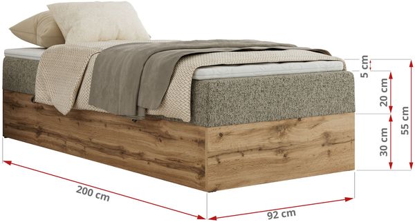 Boxspringbett, Einzelbett WOOD ZERO 90 x 200 cm, Hotelbett ohne Kopfteil, Bett mit Stauraum, 7-Zonen Multipocket-Matratze - Dunkelbeige Strukture - H4 - Topper T25 Bild 6