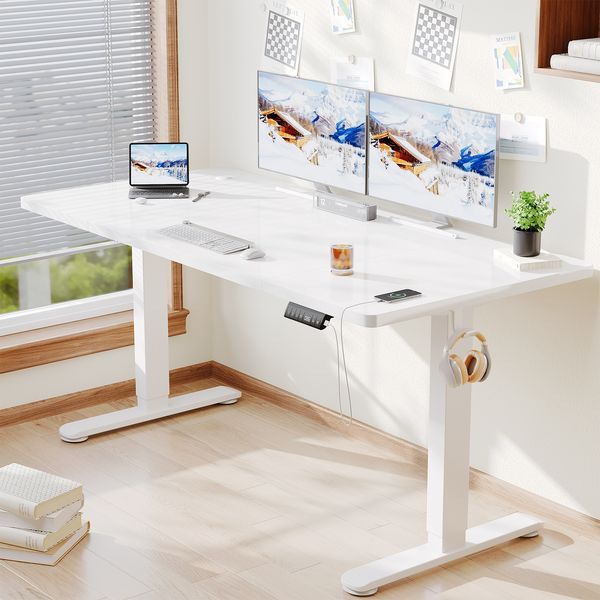 Elektrisch höhenverstellbarer Schreibtisch, Memory-Funktion, USB-Anschluss, Kabelmanagement, Holzwerkstoff / Metall, Weiß, 160 x 80 cm, Höhe 72-118 cm