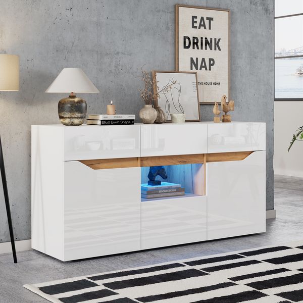 Sideboard, Wohnzimmeranrichte mit 4 Schubladen, 2 Fächer, grifflose Kommode, vielseitig einsetzbar, Hochglanz-Sofa-Beistellschrank mit LED-Beleuchtung, Weiß+Holzfarbe, 140 x 40 x 70 cm