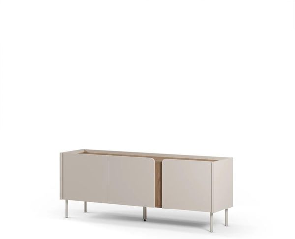 Stilvoller TV-Ständer mit Soft-Close-Türen, 140 cm, Sandstein & Eiche Natur, 100% melaminbeschichtet, Metallbeine | Modernes Design