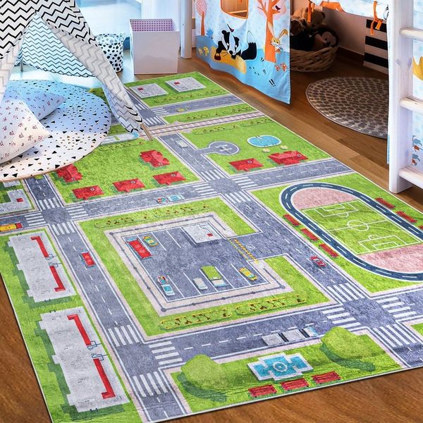 Mazovia Kinderteppich Kinderteppich Kinderzimmerteppich Straße Stadt Straßenteppich, 80 x 150 cm, Kurflor, Waschbar in Waschmaschine, Höhe 5 mm, Rutschfest