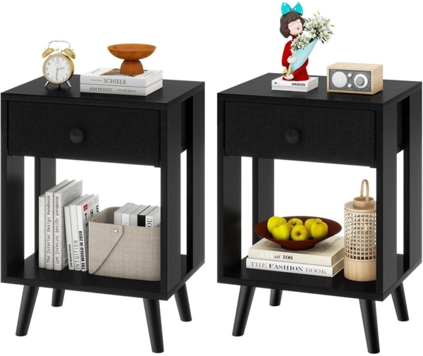 YMYNY Nachttisch 2er Set Stoff-Schubladen Massivholz Beinen Schwarz