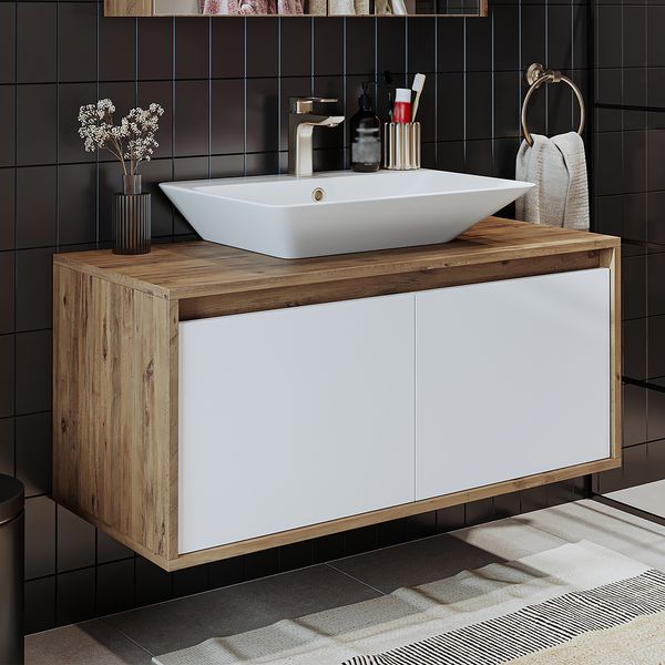 Roomart ATLANTIC-100 Badmöbel Set– 2-teiliges Badezimmermöbel Set - Waschbecken mit Unterschrank - H 45 x B 45 x T 100 cm • Weiß-Eiche