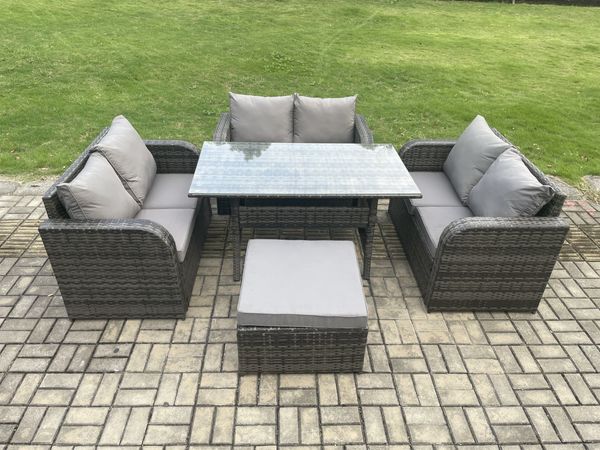 Fimous Polyrattan Gartenmöbel Set mit Rechteckiger Esstisch Großer Fußhocker Dunkelgrau gemischt