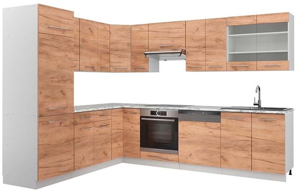 Eckküche Fame-Line Goldkraft Eiche/Weiß 287 x 60 cm , AP Marmor Vicco