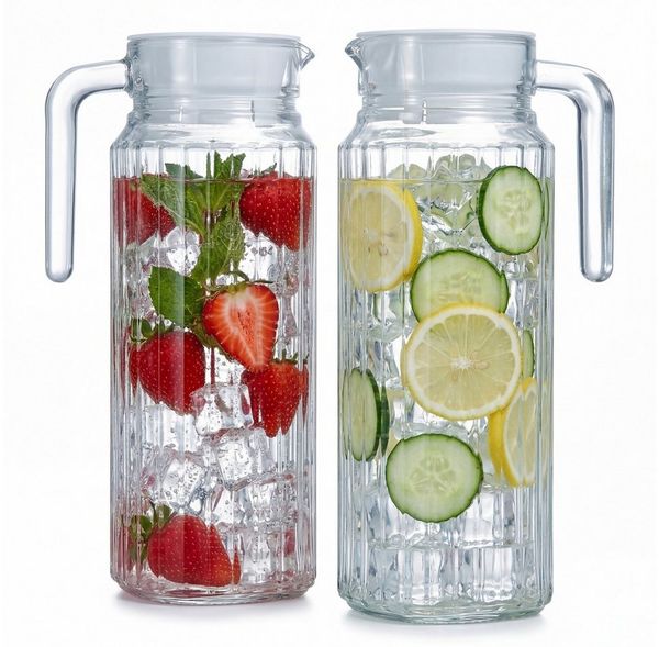 BigDean Wasserkrug Kühlschrankkrug 1,1 Liter Glaskrug mit Deckel, (Packung, 2-tlg, Wasserkaraffe), Feststizender Deckel, Schlanke Form, Robustes Borosilikatglas