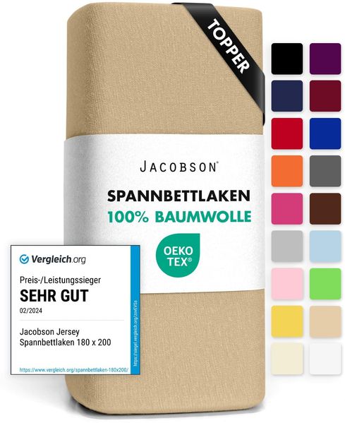 Jacobson Jersey Spannbettlaken Spannbetttuch Baumwolle Bettlaken (Topper 90-100x200 cm, Beige)