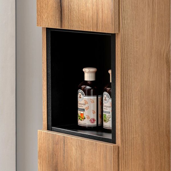 Hochschrank mit Regaleinsatz, Eiche und schwarz, NEWPORT-56-OAK