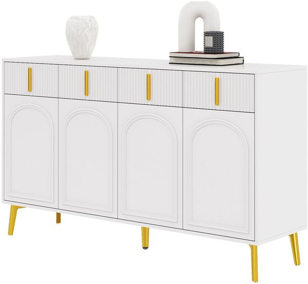 Sideboard mit goldenen Griffen und Beinen, 4 Türen, 4 Schubladen, mit herausnehmbarem Laminat, geeignet für Wohn- und Esszimmer, 140*37,8*82 cm.
