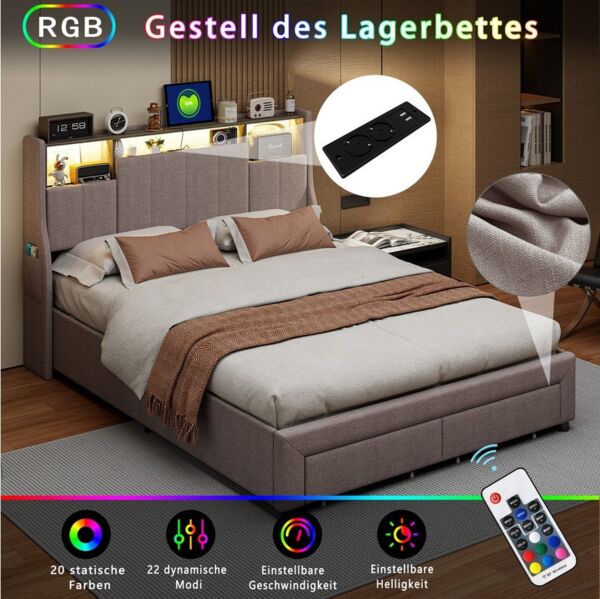Furnishings Home Polsterbett Doppelbett Stauraumbett, Mit Matratze (Inkl. Zwei USB + Zwei Steckdosen), Mit LED Beleuchtung, Ladefunktion, 2 Schubladen, Leinen, 160x200 cm