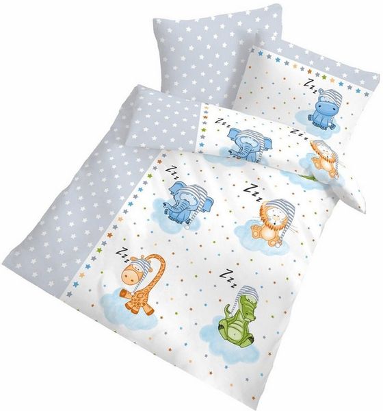 DOBNIG Babybettwäsche Renforcé Kinderbettwäsche 2tlg. 100x135 cm schlafende Tiere grau, Renforcé, 2 teilig, Verspieltes Hunde-Motiv mit Hubschrauber und Stadt-Silhouette