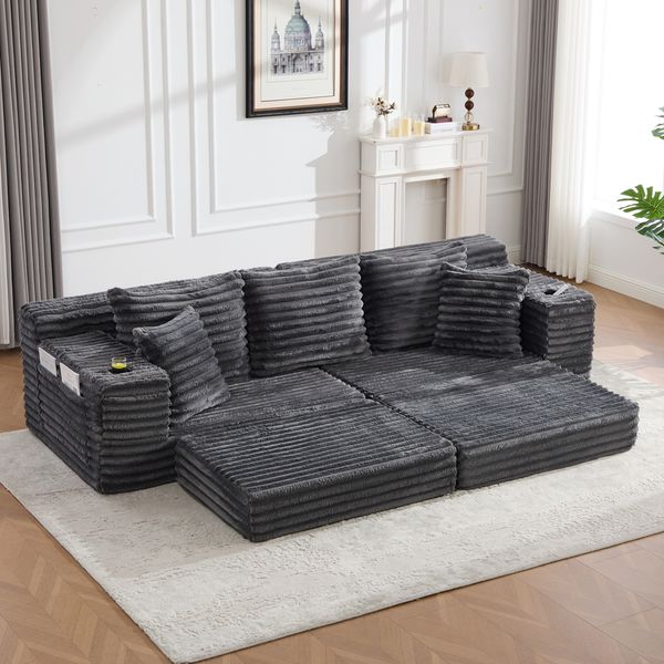 Schlafsofa, Cord mit hoher Rückenlehne & Getränkehaltern, 273 x 98 x 87 cm, Dunkelgrau