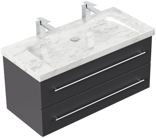 Badmöbel Marmor Carrara White Damo 100 cm 2 Hahnlöcher SoftClose anthrazit : Anthrazit