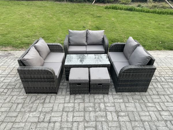 Fimous Gartenmöbel-Sets 6 Stücke Polyrattan Möbel Sofa Sets mit Rechteckiger Couchtisch Loveseat Sofa 2 kleine Fußhockern