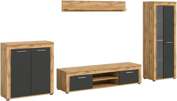 xonox. home Wohnen Jam X8BN1W01 Wohnkombination Wohnwand Wohnzimmermöbel-Set in Wotan Eiche Melamin/grau Nachbildung, ca. B/H/T: 330 x 159 x 35 cm