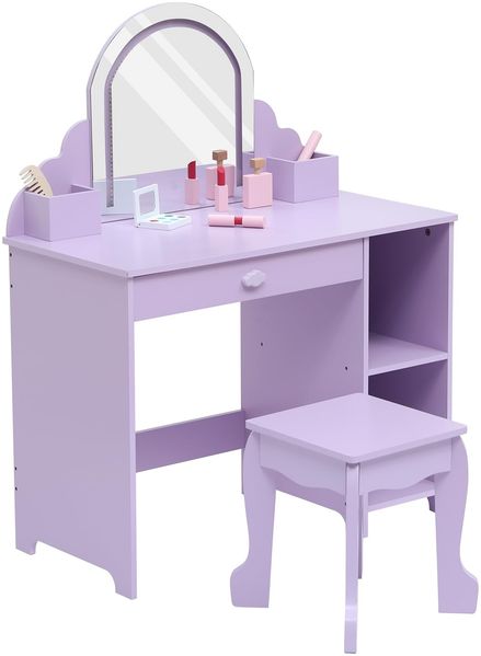 GarveeLife Schminktisch für Kinder, Mädchen, mit Hocker & LED-Lichtern, Schreibtisch für Kinder ab 3 Jahren mit Spiegel, Schminktisch Prinzessin mit 1 Schublade, Violett