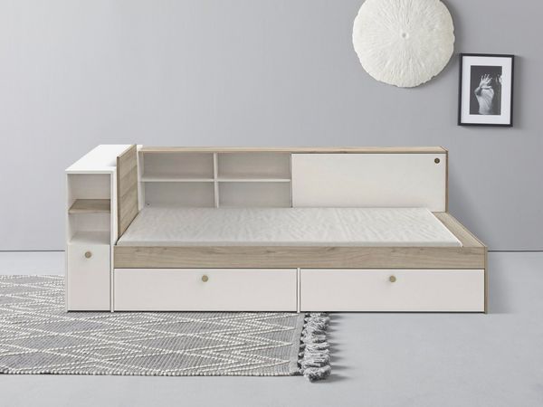 Vente-unique - Kombi-Bett mit Stauraum - 90 x 190/200 cm - Weiß & Holzfarben - LIARA