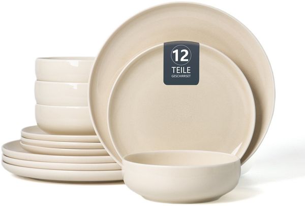 OTTO home Geschirr-Set Flett, mit Reaktivglasur (12-tlg), 4 Personen, Porzellan, Teller Set, spülmaschinenfest und mikrowellengeeignet
