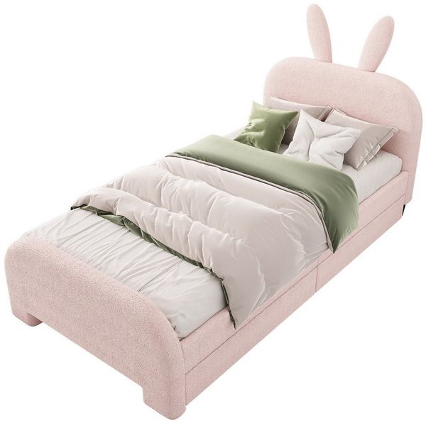 Flieks Polsterbett, Kinderbett Einzelbett 90x200cm, Kaninchenform Kopfteil, 2 Schubladen