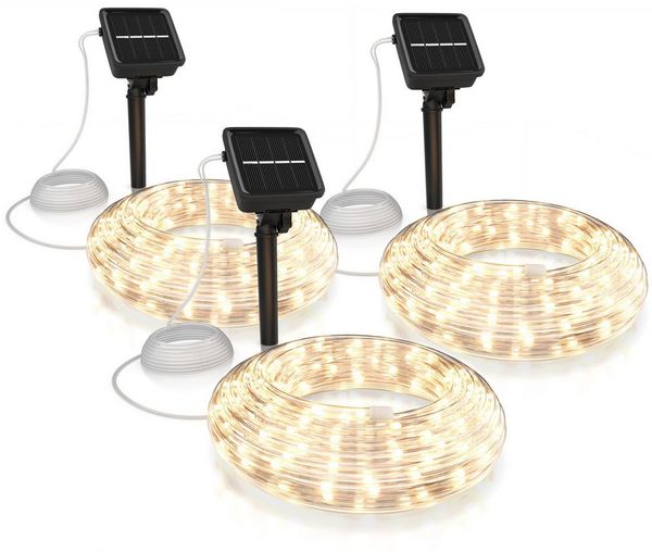 BEARWARE LED-Lichterkette Solar 10m warmweiß, Innen & Außen, Solarpanel mit Akku, 100 Leds, IP44, 2 Modis, wetterfest für Garten, Hochzeit, Balkon, Terasse uvm.