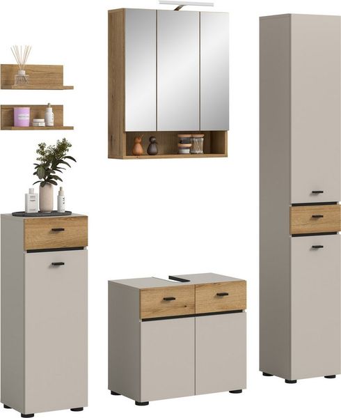 welltime Badmöbel-Set VANN, 6-teilige moderne Badkombination, inkl. Beleuchtung, (6-St, Midischrank, 2er Set Wandregal, WBU, Spiegelschrank, Hochschrank), Bad-Kombination, Bad-Möbel, Badezimmer, Kombination, Kombi, Bad-Set