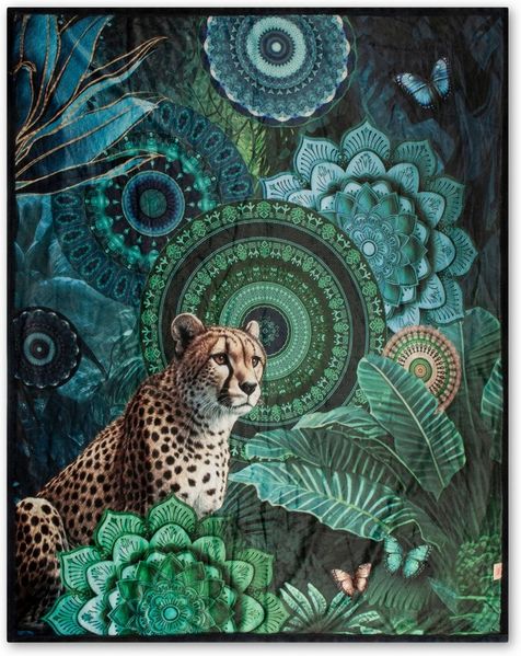 Plaid Nyah, hip, Weich, Kuscheldecke, 130x160 cm, Wendeoptik, Mandala, Leopard, Blau