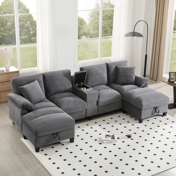 U-förmiges Cord-Sofa grau, 293x142x93 cm, mit USB & Stauraum, 4-5 Sitzer