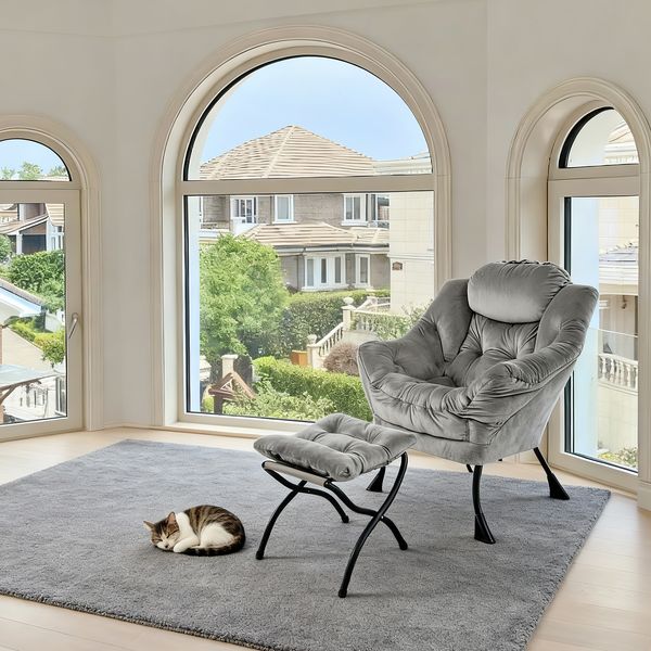 Relaxsessel mit Hocker, Stoff, Seitentasche & gepolsterte Armlehnen,72×62×96, Grau, ohne Montageangaben