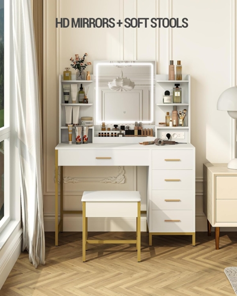 Schminktisch, mit Gepolstertem Hocker, HD-Spiegel und Verstellbare LED-Leuchten, Steckdose und USB, 5 Schubladen, Offenes Ablagefach, Modern Stil, Weiß-Gold Bild 6