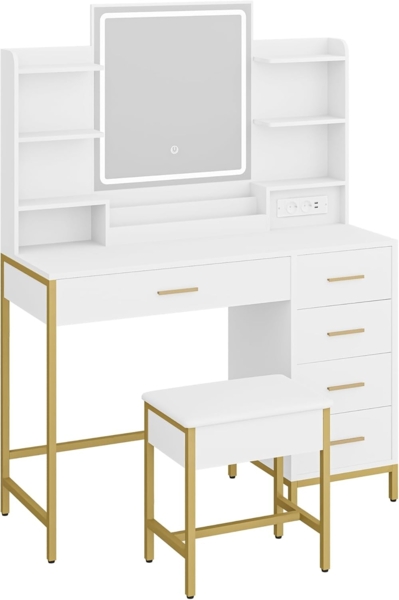 Schminktisch, mit Gepolstertem Hocker, HD-Spiegel und Verstellbare LED-Leuchten, Steckdose und USB, 5 Schubladen, Offenes Ablagefach, Modern Stil, Weiß-Gold Bild 2