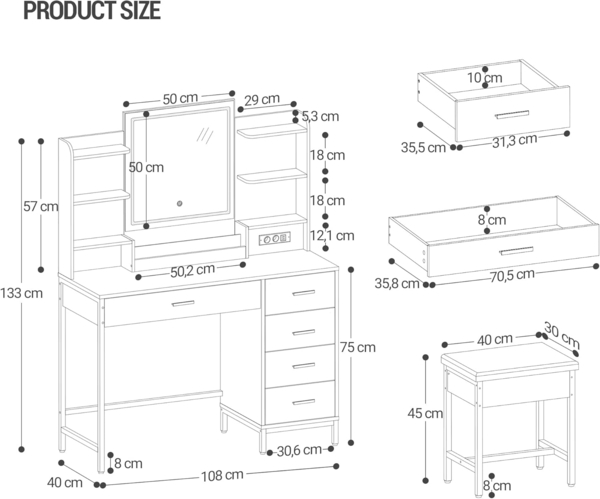 Schminktisch, mit Gepolstertem Hocker, HD-Spiegel und Verstellbare LED-Leuchten, Steckdose und USB, 5 Schubladen, Offenes Ablagefach, Modern Stil, Weiß-Gold Bild 8