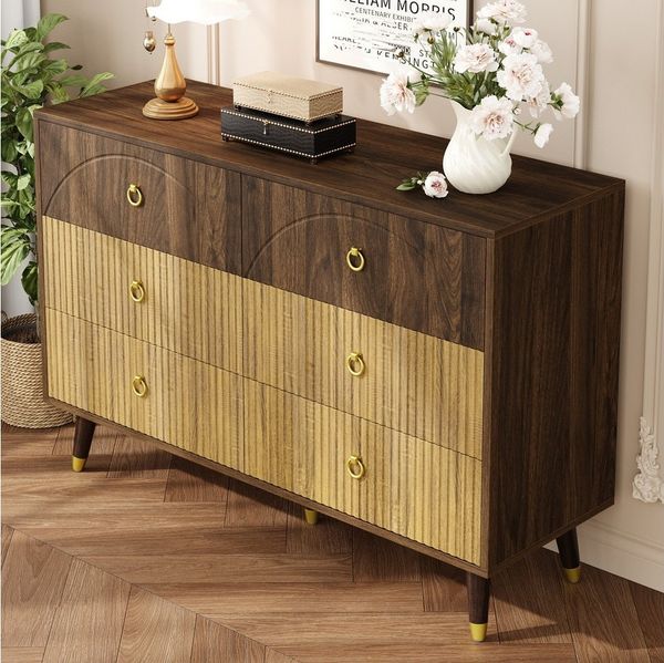 MODFU Sideboard Praktischer Aufbewahrungsschrank mit 6 geräumigen Schubladen (Packung, 1 St, Vielseitig als Sideboard oder Kommode mit warmem Holzcharakter), in Natur, veredelt durch goldene Ziergriffe, 120 x 40 x 81 cm