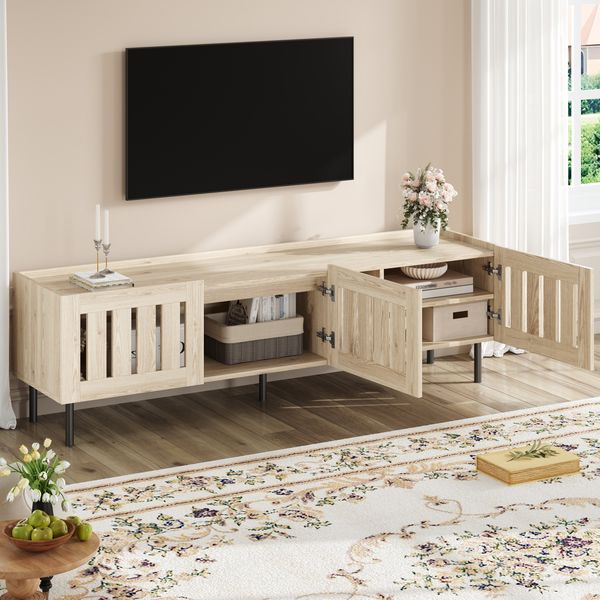 TV-Schrank 160 x 40 x 47 cm in Naturholzoptik, MDF Lowboard mit 3 Lamellentüren