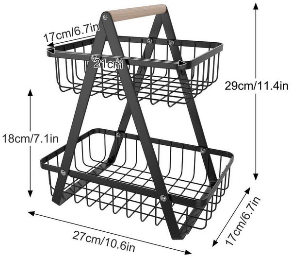 FIVMEN Obstschale Obst Etagere Obstkorb Metall Obst Schüssel Halter ​Brotkorb Ablagekorb, mit Holzgriff Tortenständer Gemüsegestell für Küche, 2 Etagen/3 Etagen