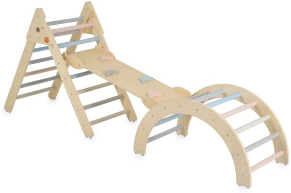 Moni Spielgerät Triangel 3 in 1 Holz Rutsche Kletterrampe Kletterwand Motorik braun