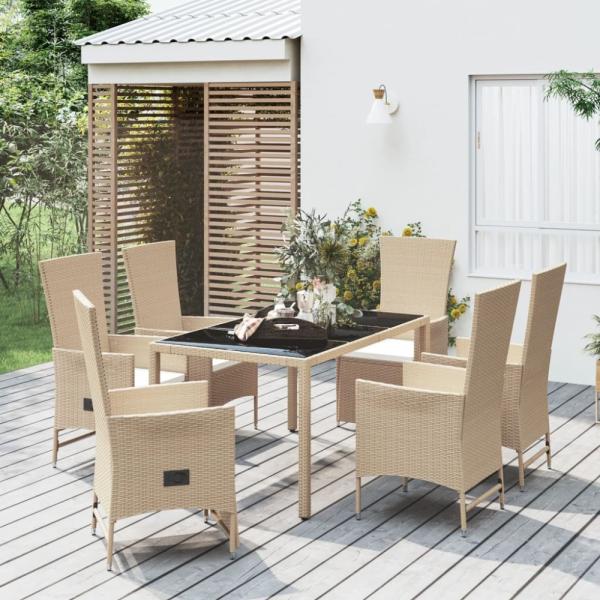 vidaXL 7-tlg. Garten-Essgruppe mit Kissen Beige Poly Rattan 3157572