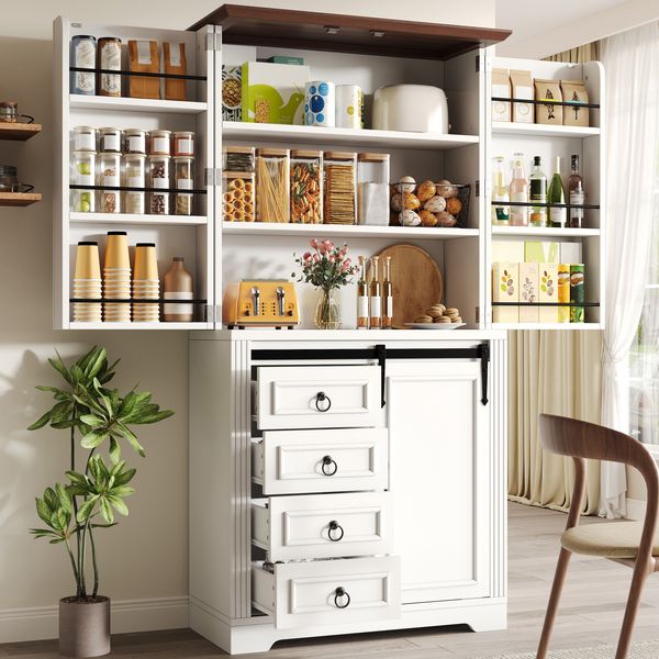 Hochschrank mit Kippschutz und seitlichem Snack-Rack, Soft-Close , Standschrank für Küche mit 4 Schubladen und verstellbaren Böden, Schrank mit einzigartigem Griff, Weiß