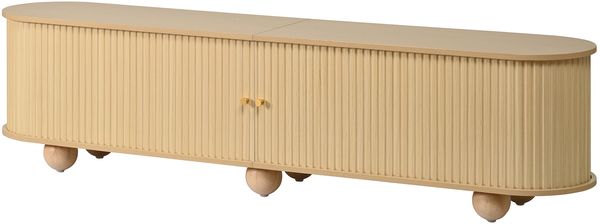 Merax Couchtisch und TV-Schrank Set, Rundcouchtisch mit geschwungenem TV-Schrank, umlaufende vertikale Reliefstruktur, Schiebetüren, MDF-Korpus, Metallgriffe, kugelförmige Metallfüße, vielseitiger Stauraum, Natur Bild 8