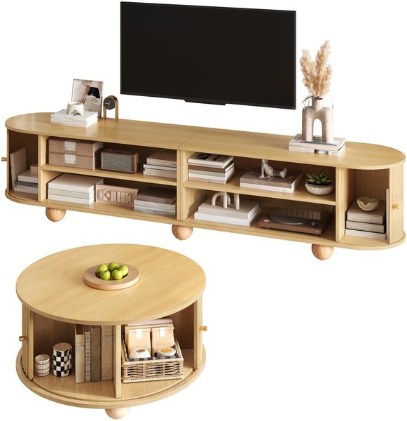 Merax Couchtisch und TV-Schrank Set, Rundcouchtisch mit geschwungenem TV-Schrank, umlaufende vertikale Reliefstruktur, Schiebetüren, MDF-Korpus, Metallgriffe, kugelförmige Metallfüße, vielseitiger Stauraum, Natur Bild 9