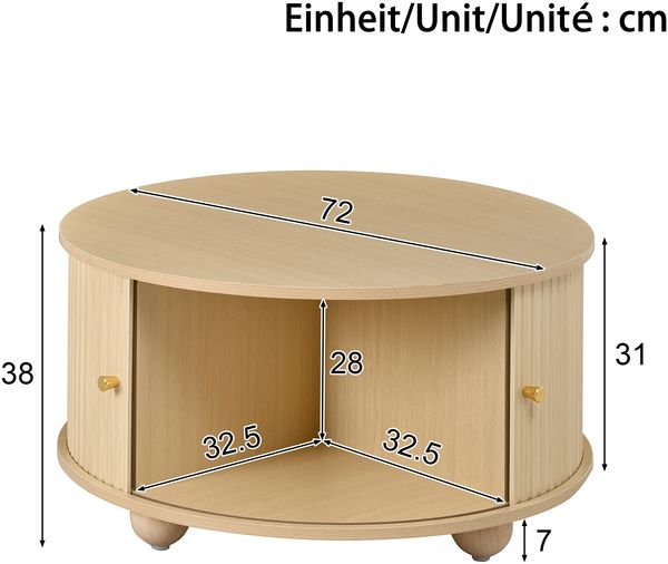 Merax Couchtisch und TV-Schrank Set, Rundcouchtisch mit geschwungenem TV-Schrank, umlaufende vertikale Reliefstruktur, Schiebetüren, MDF-Korpus, Metallgriffe, kugelförmige Metallfüße, vielseitiger Stauraum, Natur Bild 5