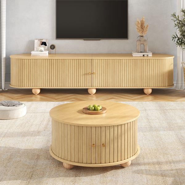 Merax Couchtisch und TV-Schrank Set, Rundcouchtisch mit geschwungenem TV-Schrank, umlaufende vertikale Reliefstruktur, Schiebetüren, MDF-Korpus, Metallgriffe, kugelförmige Metallfüße, vielseitiger Stauraum, Natur