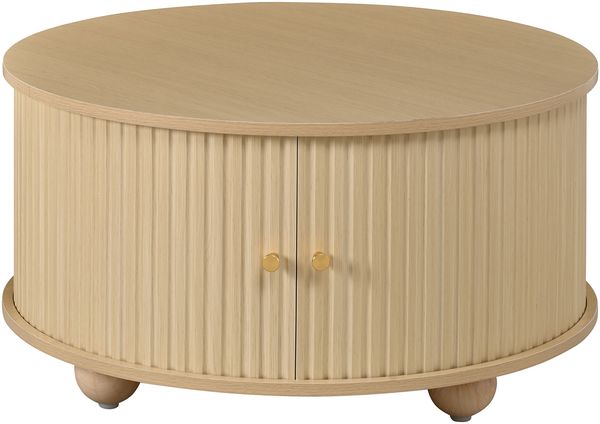 Merax Couchtisch und TV-Schrank Set, Rundcouchtisch mit geschwungenem TV-Schrank, umlaufende vertikale Reliefstruktur, Schiebetüren, MDF-Korpus, Metallgriffe, kugelförmige Metallfüße, vielseitiger Stauraum, Natur Bild 6